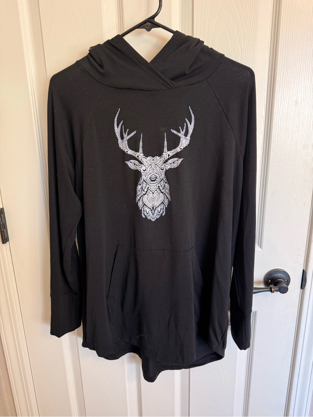 LuLaRoe Large Black Deer Stag Graphic Longline Hoodie Tunic Top